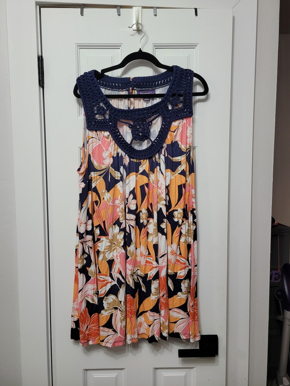Roaman's Navy Crochet Yoke Floral Swing Dress with Coral & Yellow Accents